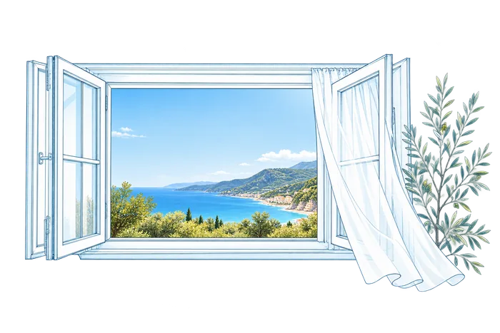 Illustrazione di una finestra aperta sul mare, con una tenda mossa dal vento e un ramo d’ulivo