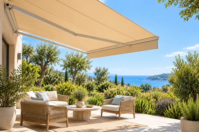 Tenda da sole aperta sopra un terrazzo arredato, con vista sul mare