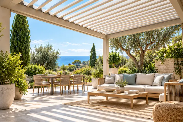 Pergola bioclimatica a lamelle sopra un patio arredato
